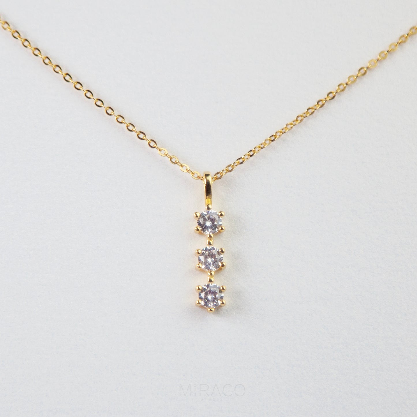 Gold 925 Sterling Silver Diamond Pendant Necklace Three Stone Crystal