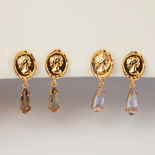 Clip On Crystal Gold Goddess Coin Dangle Earrings