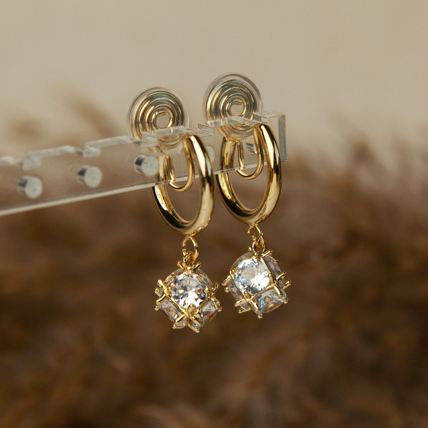 Gold Crystal Dangle Hoop Clip On Earrings, Drop Diamond Earrings , Non Pierced Spiral Clip On Huggie Hoops, Gold CZ Diamond Dangle Earrings, Non-Pierced Earrings