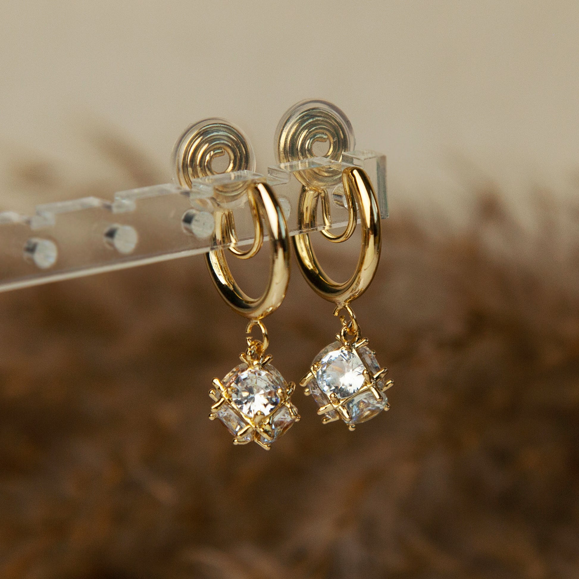 Gold Crystal Dangle Hoop Clip On Earrings, Drop Diamond Earrings , Non Pierced Spiral Clip On Huggie Hoops, Gold CZ Diamond Dangle Earrings, Non-Pierced Earrings