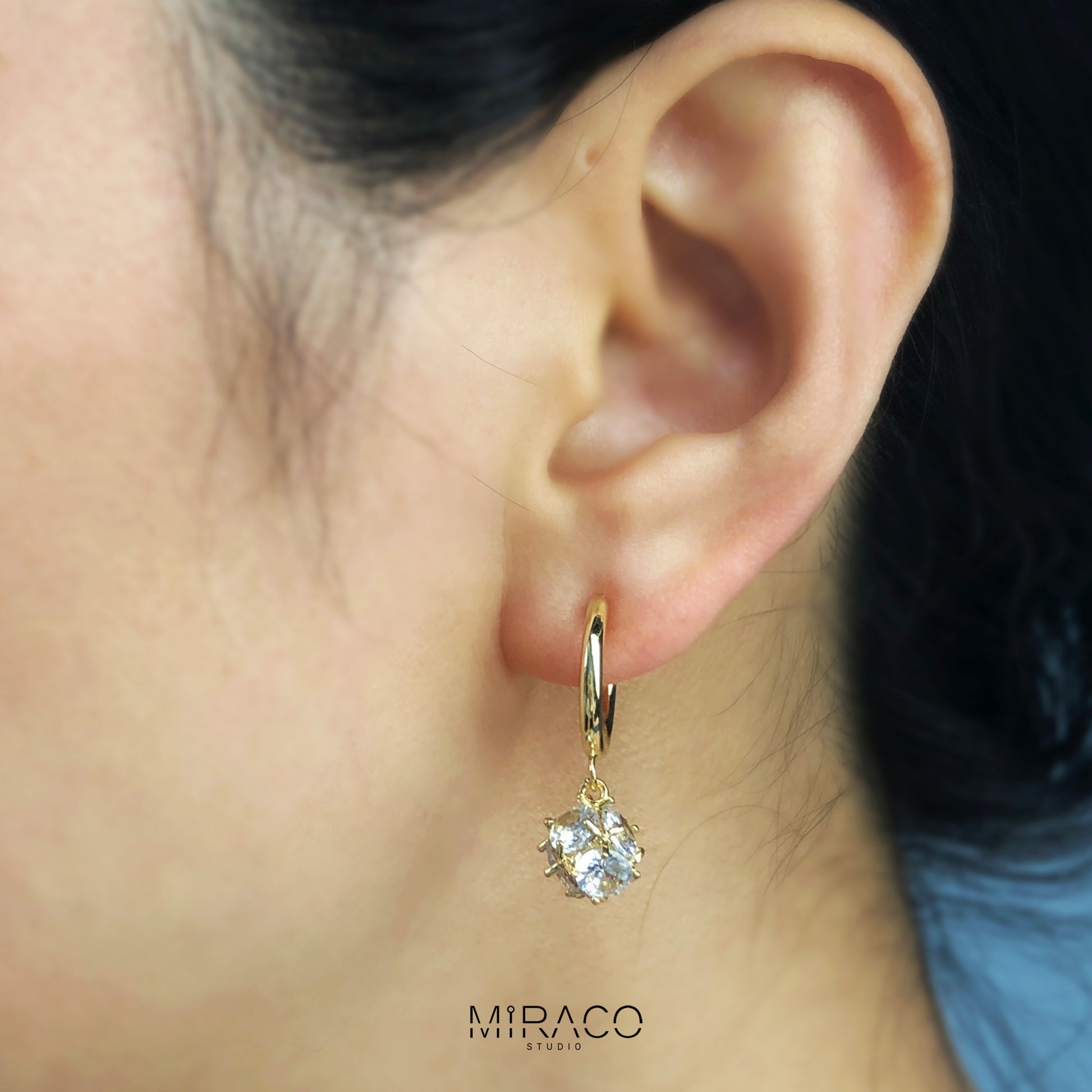 Gold Crystal Dangle Hoop Clip On Earrings, Drop Diamond Earrings , Non Pierced Spiral Clip On Huggie Hoops, Gold CZ Diamond Dangle Earrings, Non-Pierced Earrings