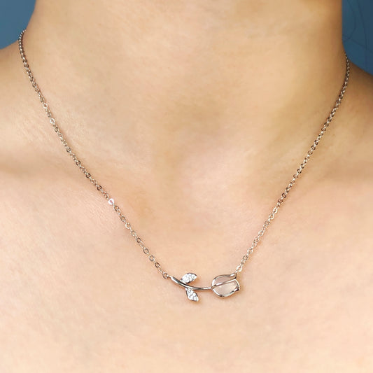 925 Sterling Silver Tulip Necklace, Dainty CZ Tulip Necklace, Tulip Flower Necklace, Minimalist Plant Necklace, Tulip Pendant Necklace