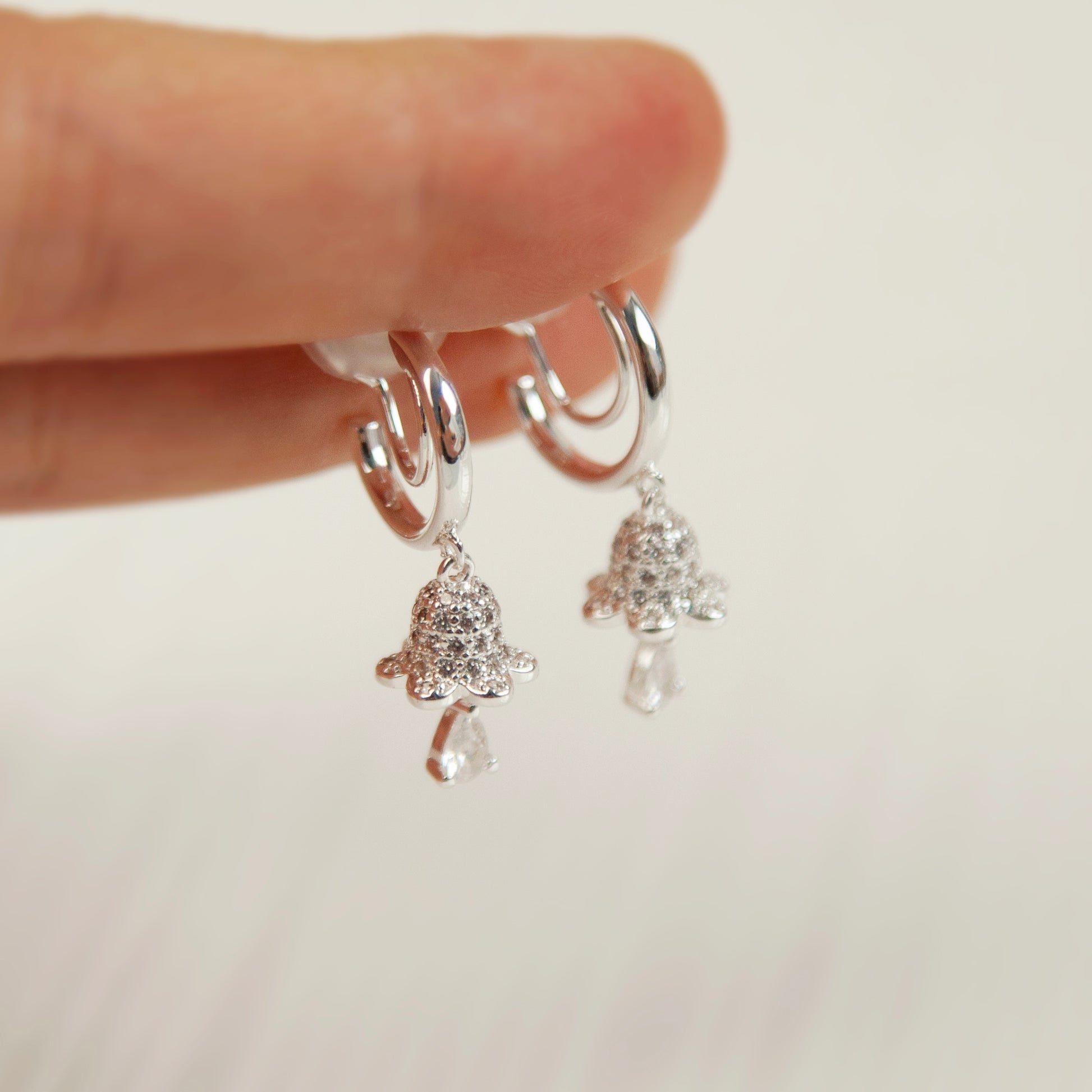 Bell Flower Drop Earrings, Dangle Hoop Earrings, Gold or Silver Flower Dangle Non Pierced Earrings