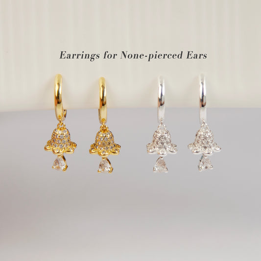 Bell Flower Drop Earrings, Dangle Hoop Earrings, Gold or Silver Flower Dangle Non Pierced Earrings