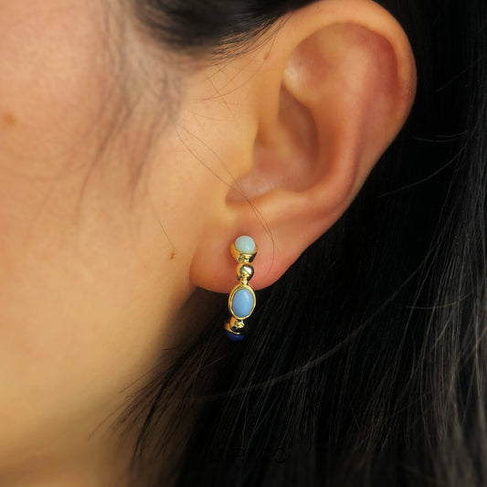 Blue and Gold Bead Huggie Hoop Earrings, Clip On Bohemia Hoops, Multi Color Non-Pierced Earrings