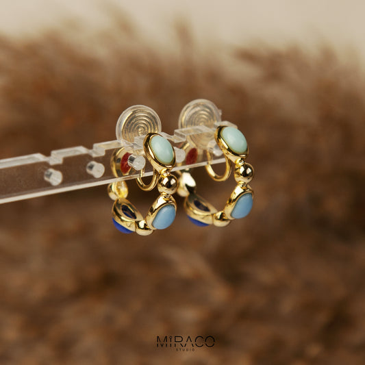 Blue and Gold Bead Huggie Hoop Earrings, Clip On Bohemia Hoops, Multi Color Non-Pierced Earrings