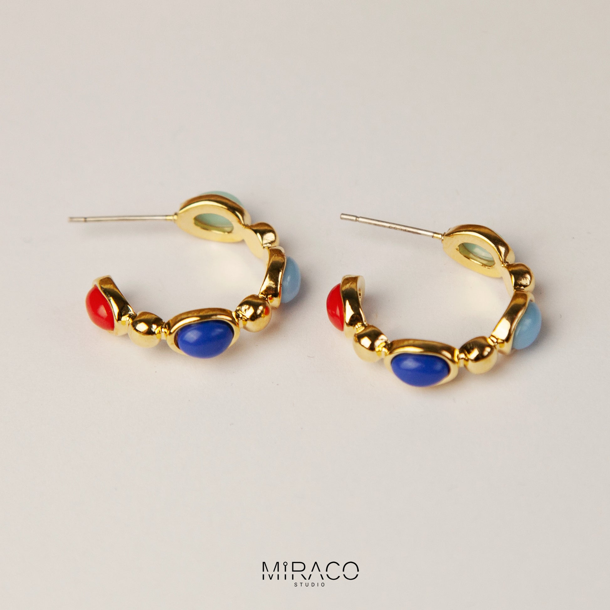 Blue and Gold Bead Huggie Hoop Earrings, Clip On Bohemia Hoops, Multi Color Non-Pierced Earrings
