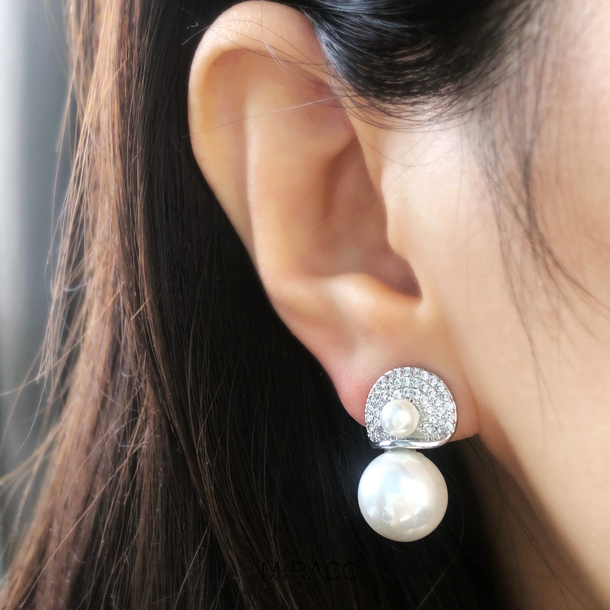 CZ Crystals Dangle Pearls Earring, Non Pierced Earrings, Large Pearls Bridesmaid Jewellery
