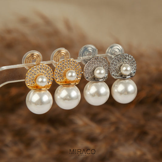 CZ Crystals Dangle Pearls Earring, Non Pierced Earrings, Large Pearls Bridesmaid Jewellery