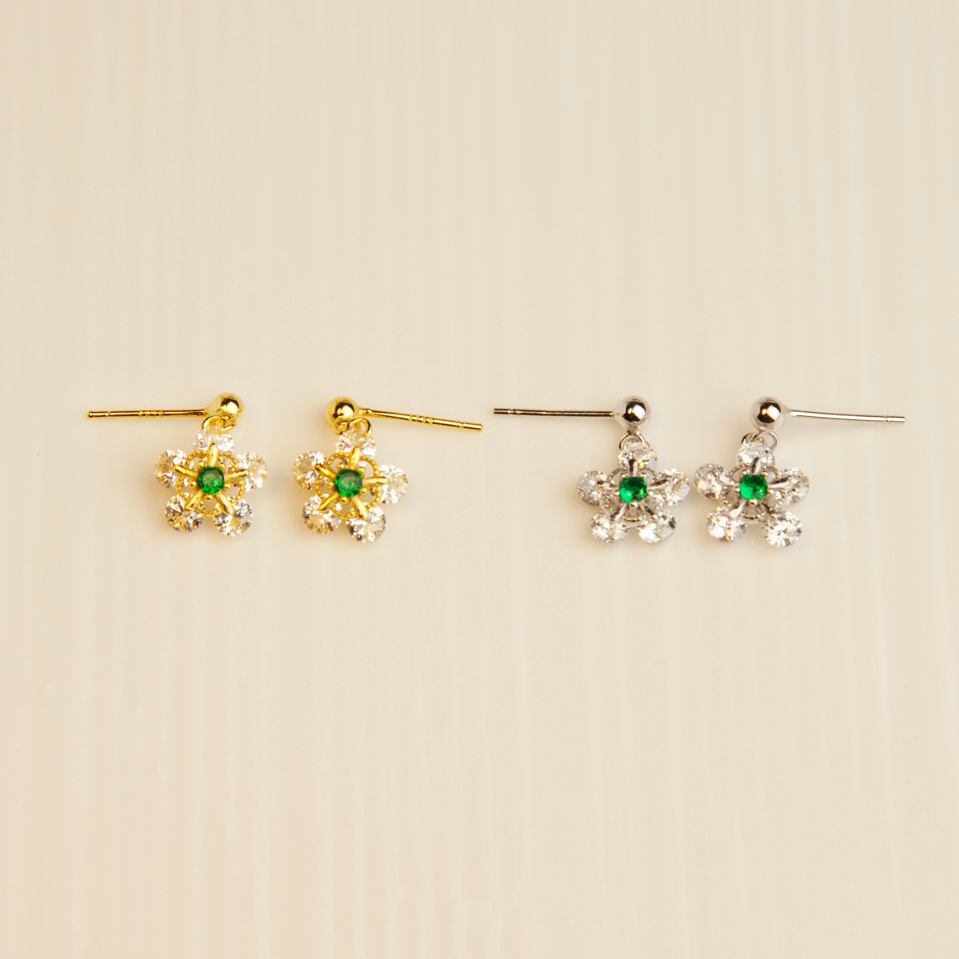 CZ Flower Dangle Drop Earrings,&nbsp; Sterling Silver Cherry Blossom Diamond Earrings, Dainty Green Crystal Flower Earring, Gold Or Silver Sparkly Crystal Flower Earrings