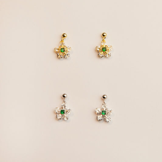 CZ Flower Dangle Drop Earrings,&nbsp; Sterling Silver Cherry Blossom Diamond Earrings, Dainty Green Crystal Flower Earring, Gold Or Silver Sparkly Crystal Flower Earrings
