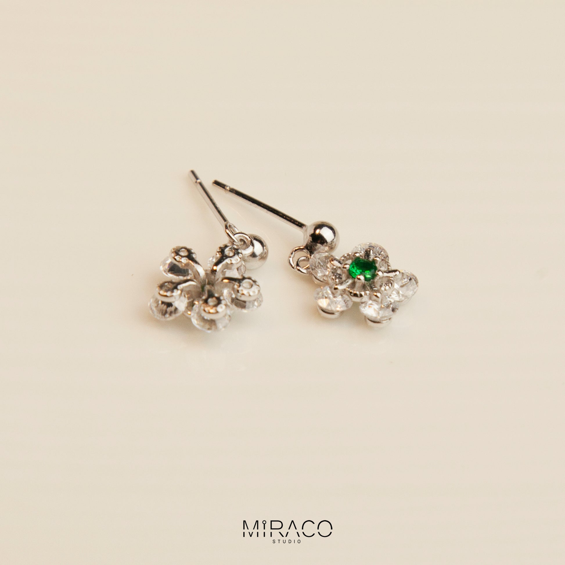 CZ Flower Dangle Drop Earrings,&nbsp; Sterling Silver Cherry Blossom Diamond Earrings, Dainty Green Crystal Flower Earring, Gold Or Silver Sparkly Crystal Flower Earrings