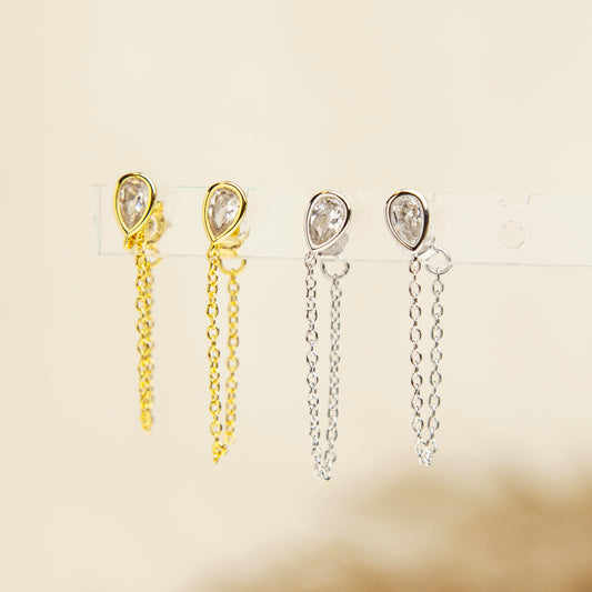 CZ Teardrop Chain Earrings in Sterling Silver, Silver or Gold Colour Teardrop Crystal Front and Back Ear Jacket, Minimalist and Geometric Dangle Chain Earrings