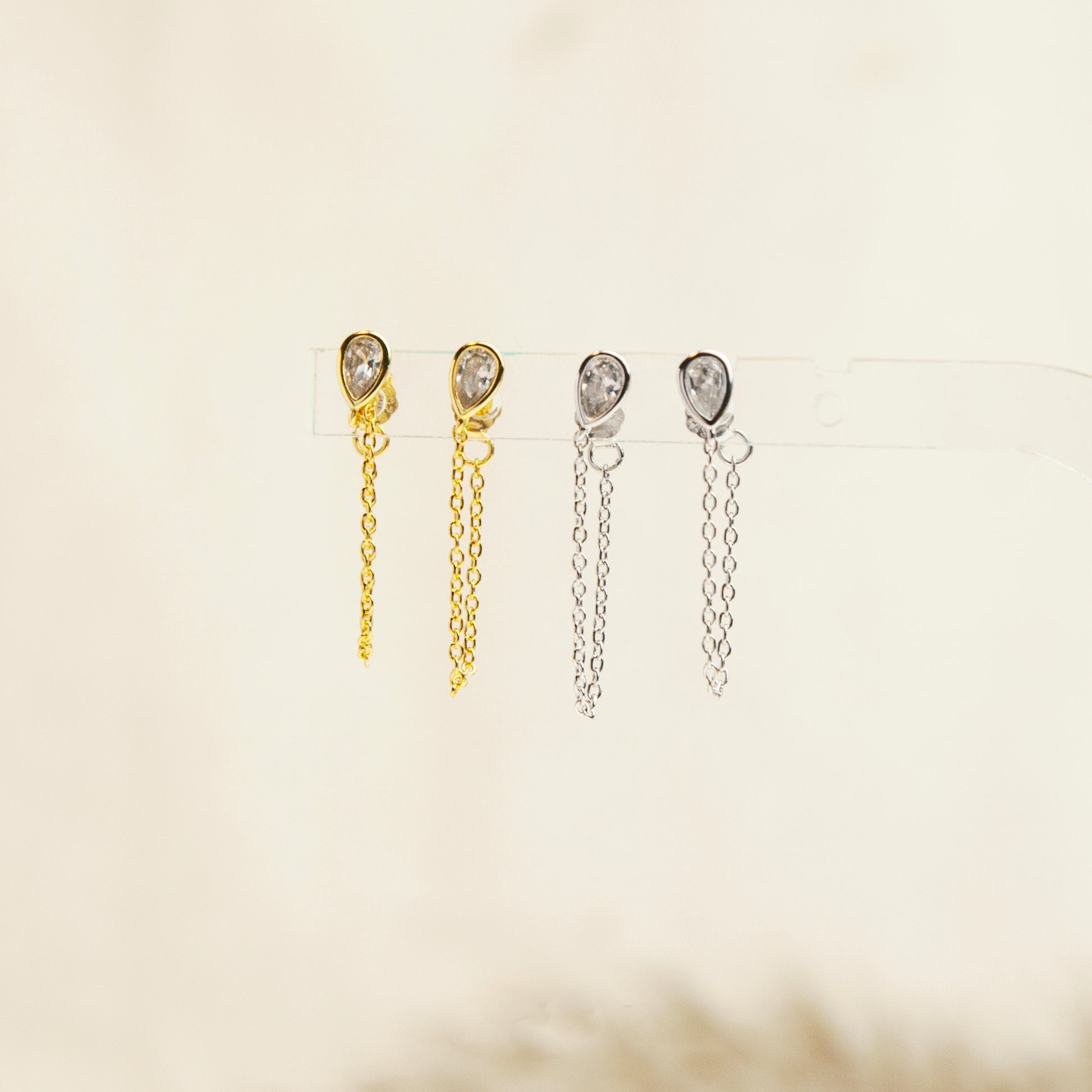CZ Teardrop Chain Earrings in Sterling Silver, Silver or Gold Colour Teardrop Crystal Front and Back Ear Jacket, Minimalist and Geometric Dangle Chain Earrings