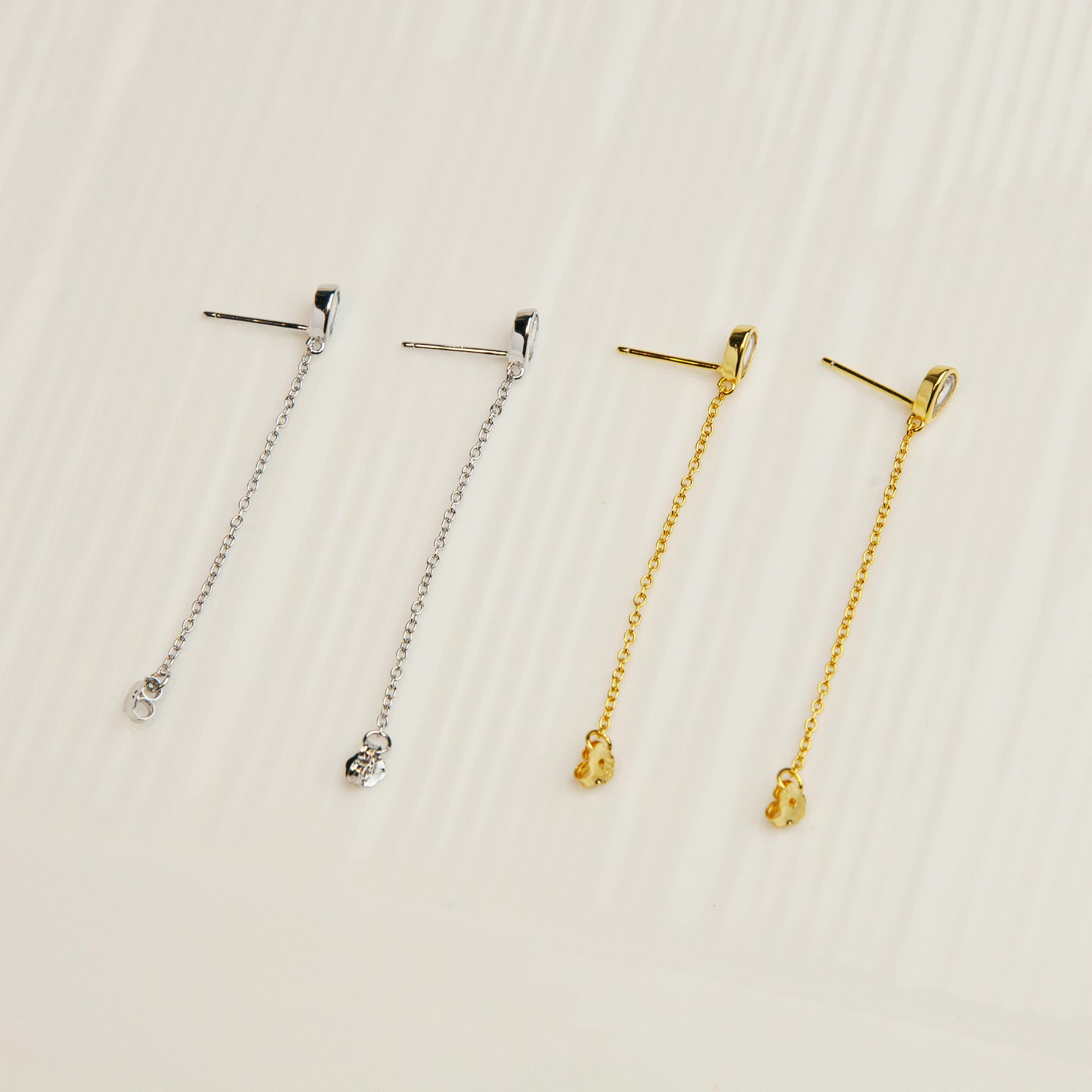 CZ Teardrop Chain Earrings in Sterling Silver, Silver or Gold Colour Teardrop Crystal Front and Back Ear Jacket, Minimalist and Geometric Dangle Chain Earrings