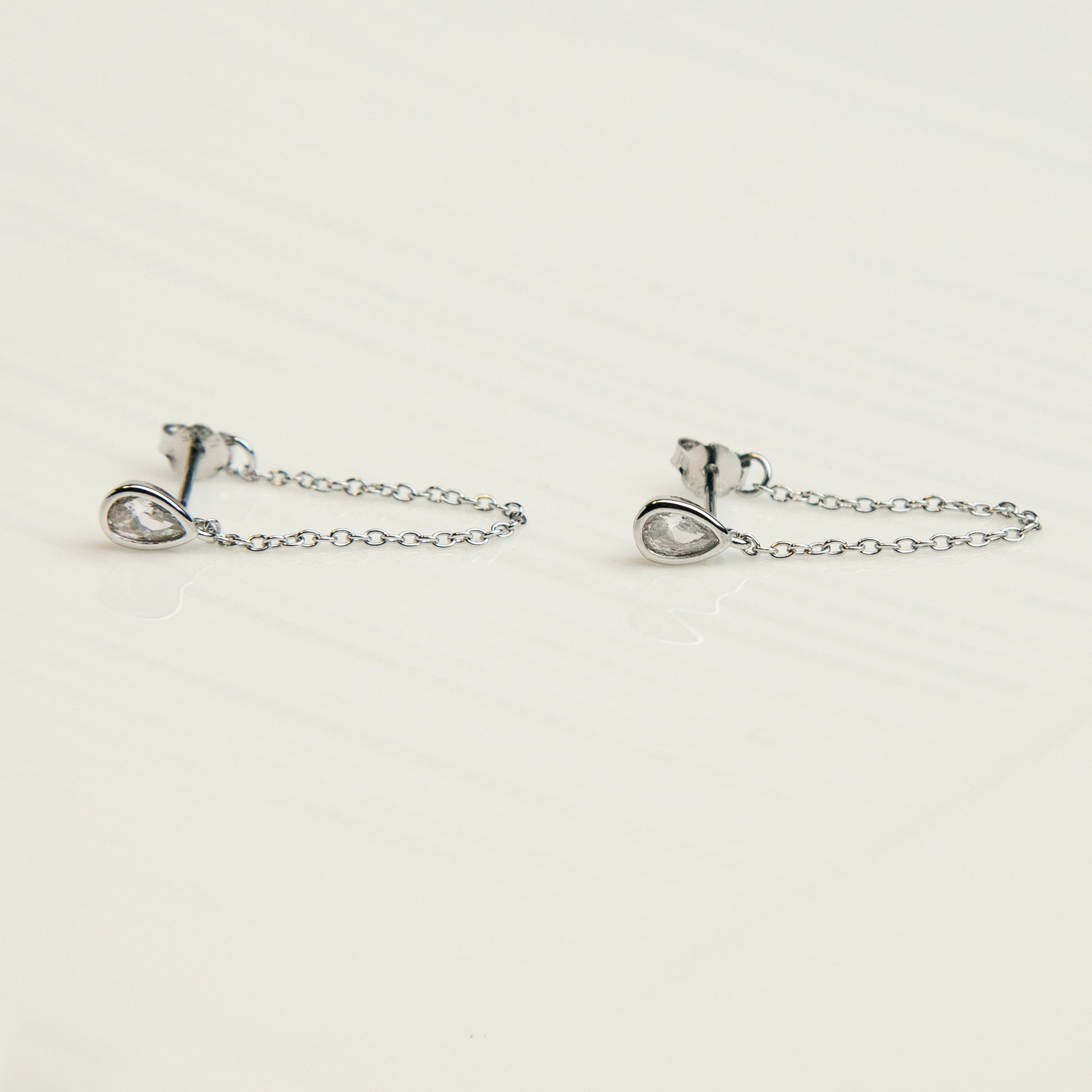 CZ Teardrop Chain Earrings in Sterling Silver, Silver or Gold Colour Teardrop Crystal Front and Back Ear Jacket, Minimalist and Geometric Dangle Chain Earrings