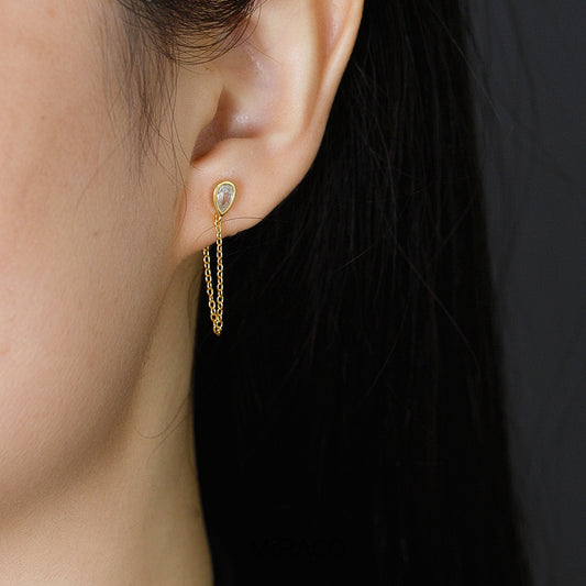 CZ Teardrop Chain Earrings in Sterling Silver, Silver or Gold Colour Teardrop Crystal Front and Back Ear Jacket, Minimalist and Geometric Dangle Chain Earrings