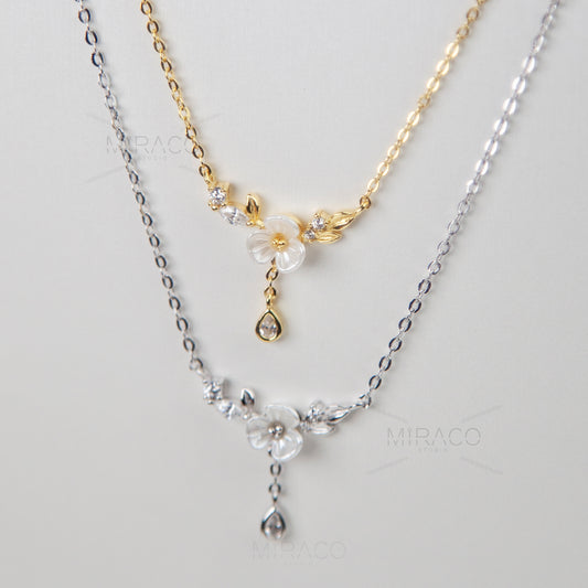 Cherry Blossom Fairy Cream Flower Necklace, Small Gold Flower Silver Flower Plant Necklace