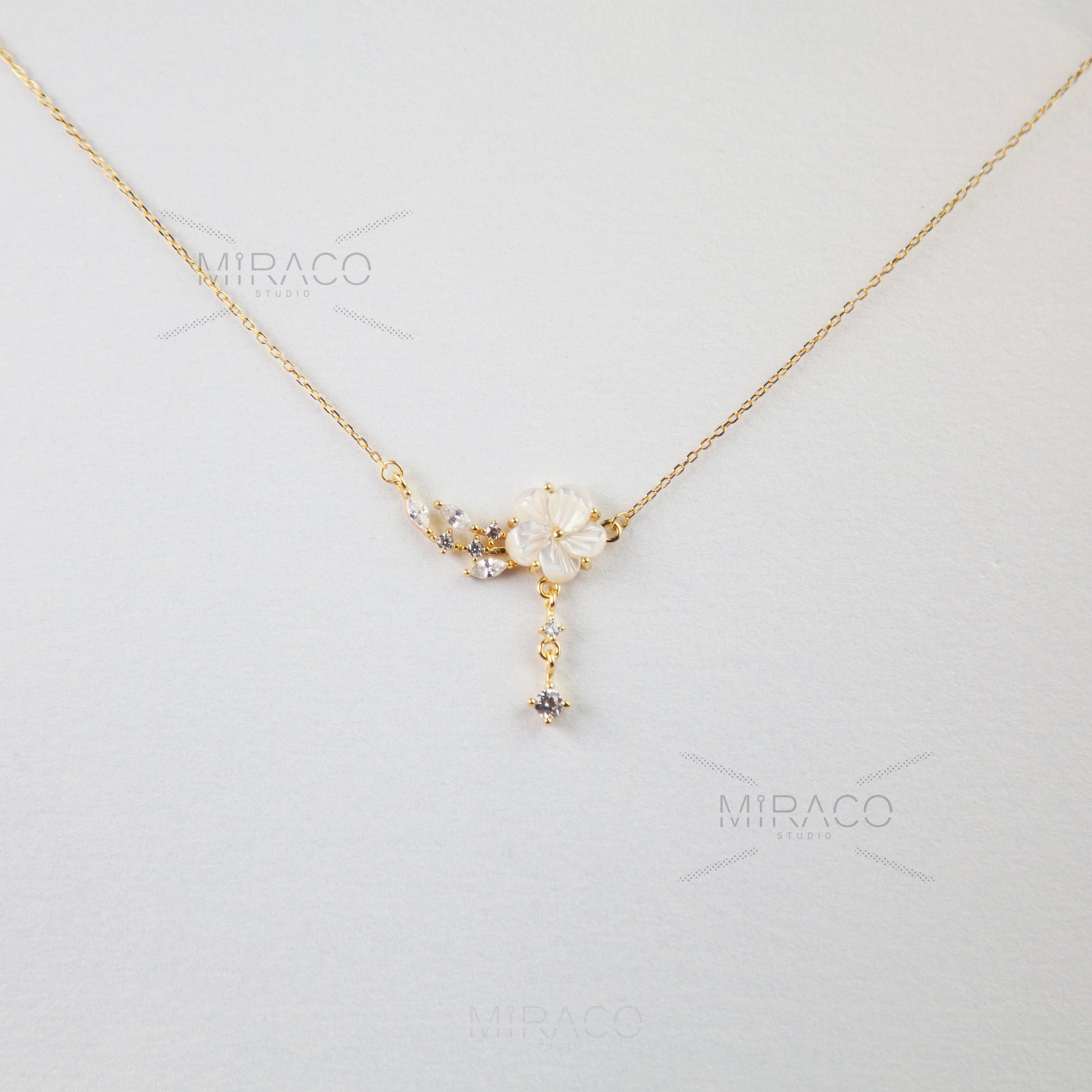 Cherry Blossom Fairy Cream Flower Necklace, Gold Flower Plant Necklace