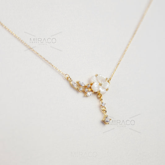 Cherry Blossom Fairy Cream Flower Necklace, Gold Flower Plant Necklace