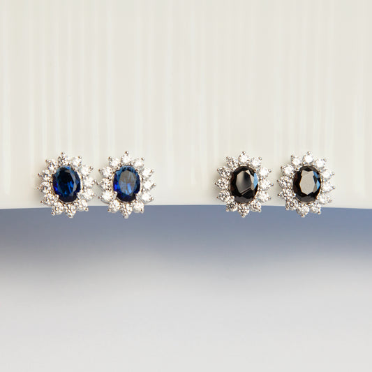 Clip On Black Blue Gemstone Earrings, Mini-Clip Studs Earrings, Blue or Black Crystal Stud Earrings, Elegant Non-Pierced CZ Sapphire Flower Studs