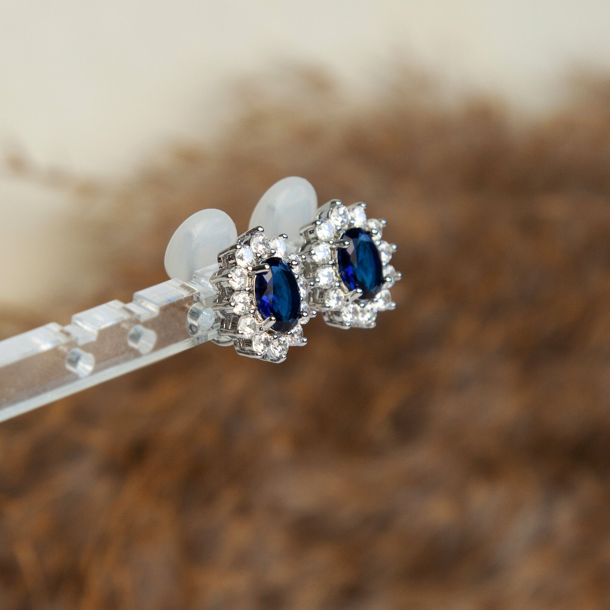 Clip On Black Blue Gemstone Earrings, Mini-Clip Studs Earrings, Blue or Black Crystal Stud Earrings, Elegant Non-Pierced CZ Sapphire Flower Studs