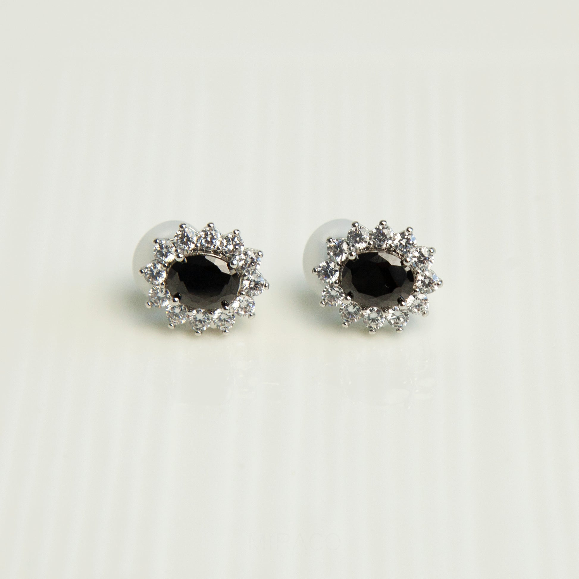 Clip On Black Blue Gemstone Earrings, Mini-Clip Studs Earrings, Blue or Black Crystal Stud Earrings, Elegant Non-Pierced CZ Sapphire Flower Studs