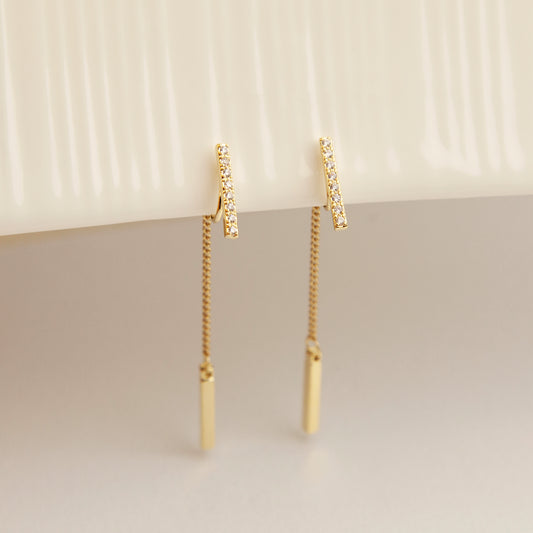 Clip On Crystal Long Chain Earrings, Gold Plated CZ Earrings, Tassel Drop Earring, Minimalist CZ Threader Earrings, Non Pierced Earrings