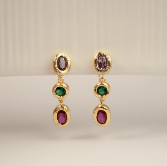 Clip On Dangle Colorful Crystal Dangle and Drop Earrings Purple Green Non Pierced Earrings