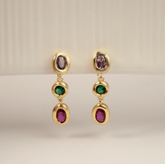Clip On Dangle Colorful Crystal Dangle and Drop Earrings Purple Green Non Pierced Earrings