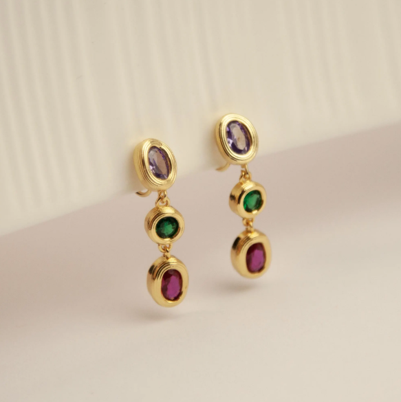 Clip On Dangle Colorful Crystal Dangle and Drop Earrings Purple Green Non Pierced Earrings