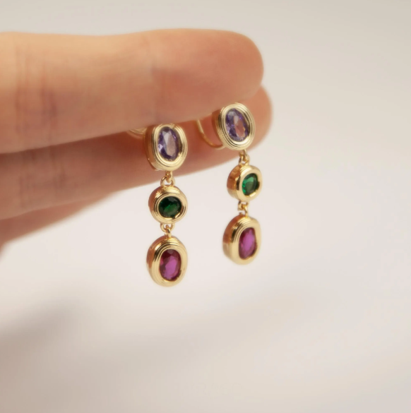 Clip On Dangle Colorful Crystal Dangle and Drop Earrings Purple Green Non Pierced Earrings