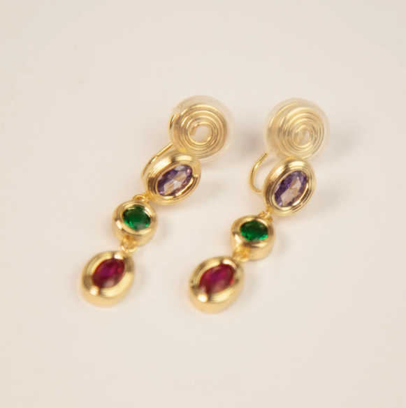 Clip On Dangle Colorful Crystal Dangle and Drop Earrings Purple Green Non Pierced Earrings