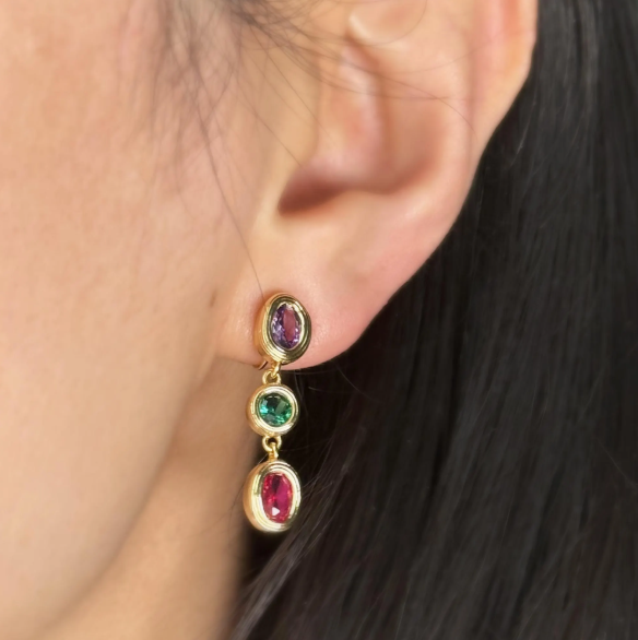 Clip On Dangle Colorful Crystal Dangle and Drop Earrings Purple Green Non Pierced Earrings