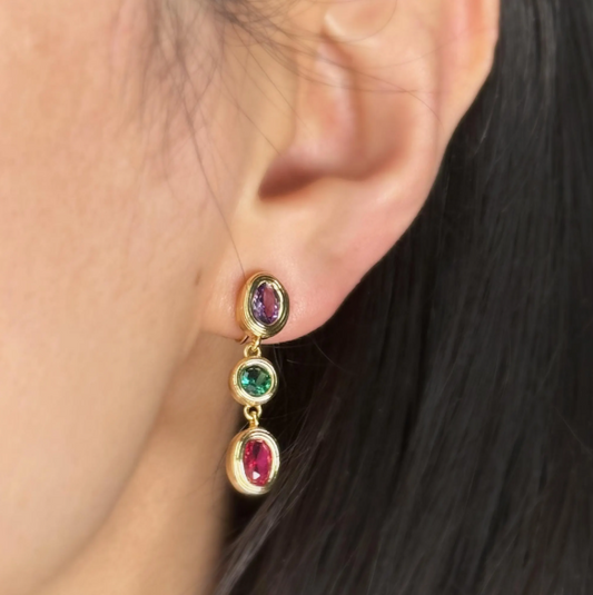 Clip On Dangle Colorful Crystal Dangle and Drop Earrings Purple Green Non Pierced Earrings