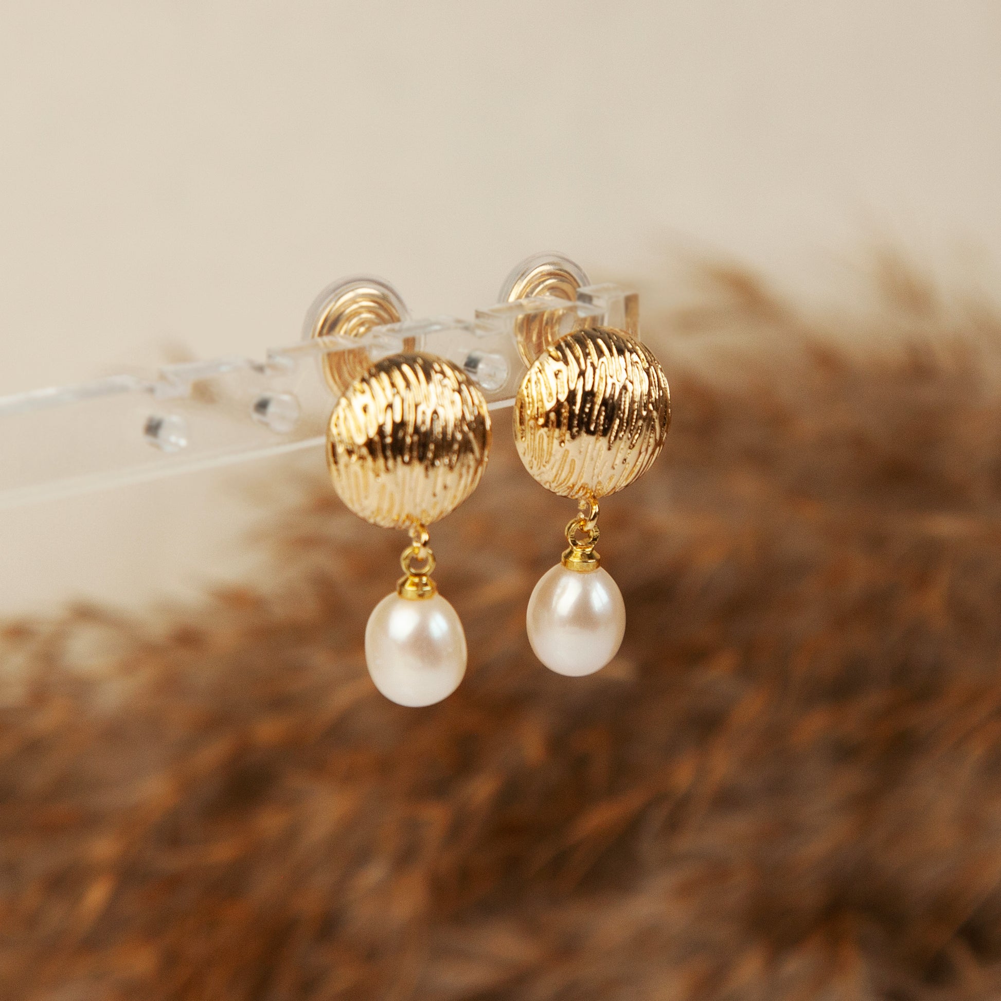 Clip On Dangle Drop Pearls Earrings, Non Pierced Dangle Earrings With Freshwater Pearls, Drop White Pearls Ear Clips with Gold Studs