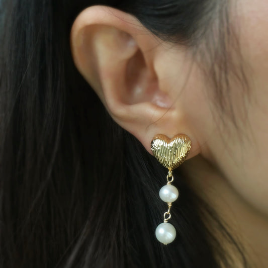 Clip On Dangle Pearls Earrings, Non Pierced Heart Drop Earrings With Double Freshwater Pearls, Genuine Pearls Dangle Drop Earring With Gold Heart