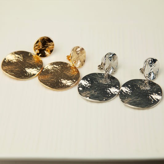Clip On Dangle Drop Round Metal Disk Earrings, Dangle Statement Earrings, Large Minimal Dangle Drop Non-Pierced Earrings Gold or Silver
