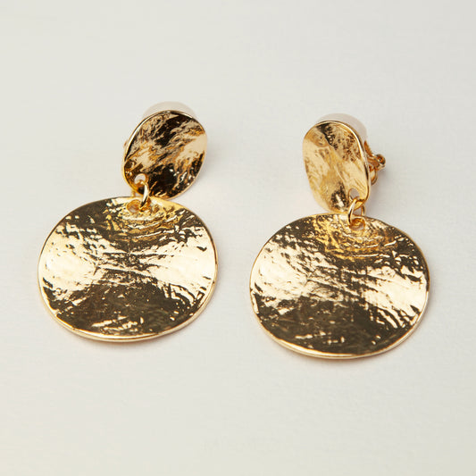 Clip On Dangle Drop Round Metal Disk Earrings, Dangle Statement Earrings, Large Minimal Dangle Drop Non-Pierced Earrings Gold or Silver