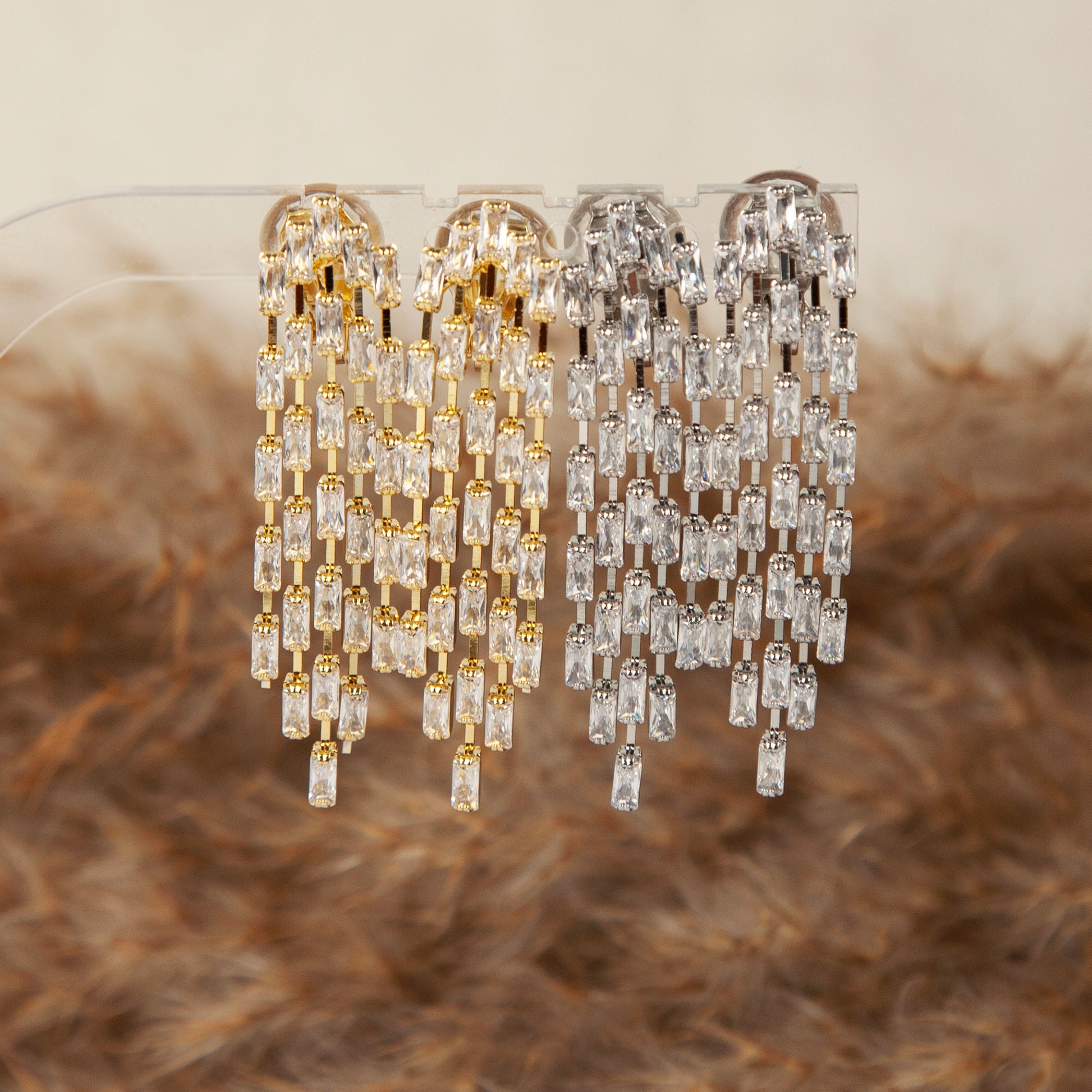 Clip On Diamond Cascade Earrings, Mini-Clip Waterfall Fringe Earrings, Clear Crystal Diamante Dangle Drop Non-Pierced Bridal Wedding Earring