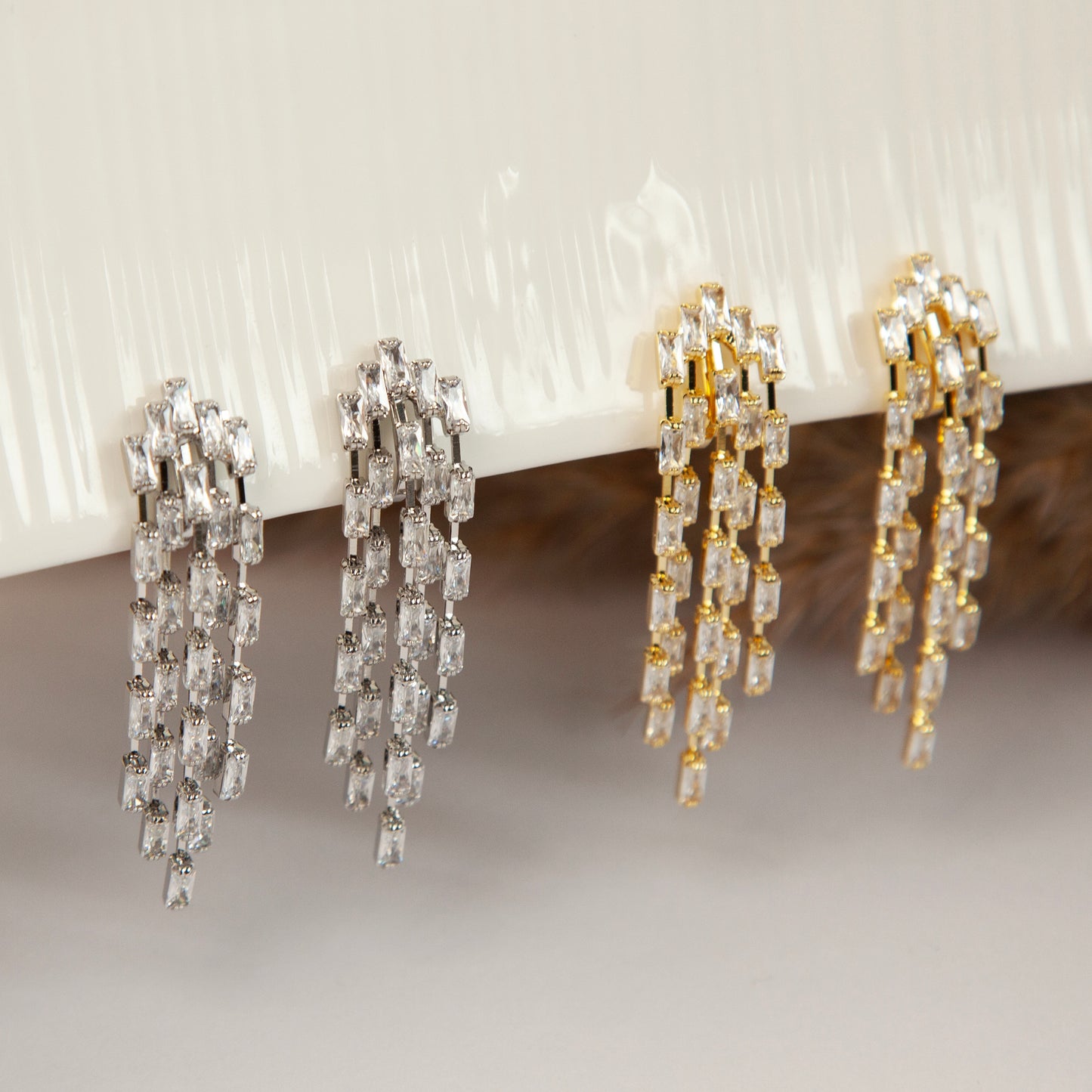 Clip On Diamond Cascade Earrings, Mini-Clip Waterfall Fringe Earrings, Clear Crystal Diamante Dangle Drop Non-Pierced Bridal Wedding Earring