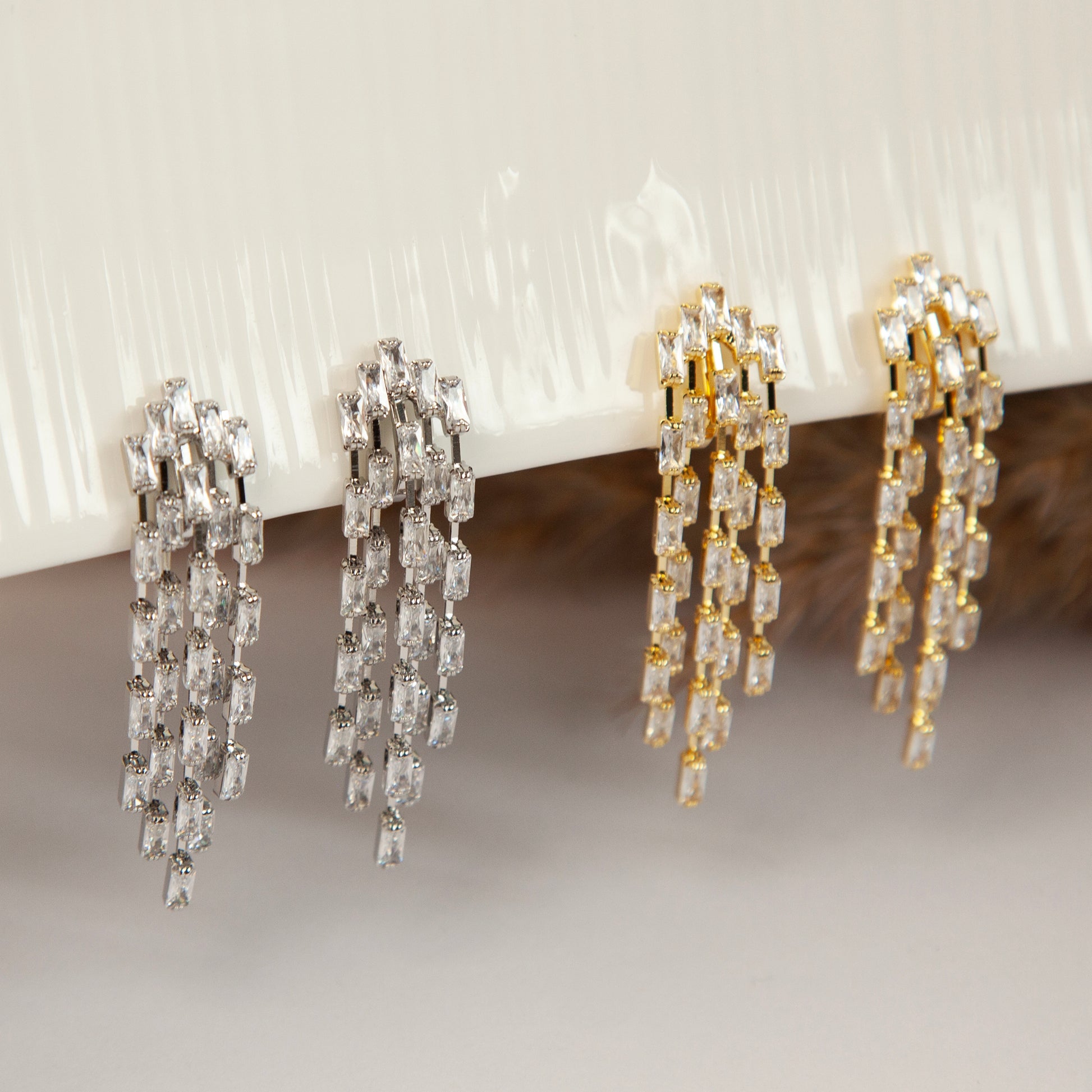 Clip On Diamond Cascade Earrings, Mini-Clip Waterfall Fringe Earrings, Clear Crystal Diamante Dangle Drop Non-Pierced Bridal Wedding Earring