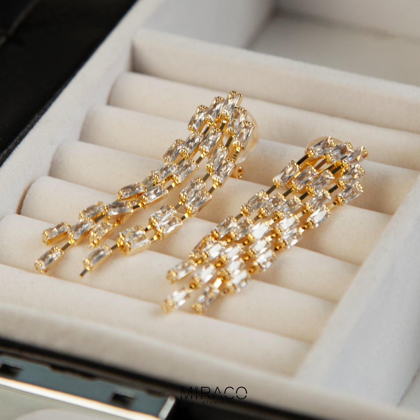 Clip On Diamond Cascade Earrings, Mini-Clip Waterfall Fringe Earrings, Clear Crystal Diamante Dangle Drop Non-Pierced Bridal Wedding Earring