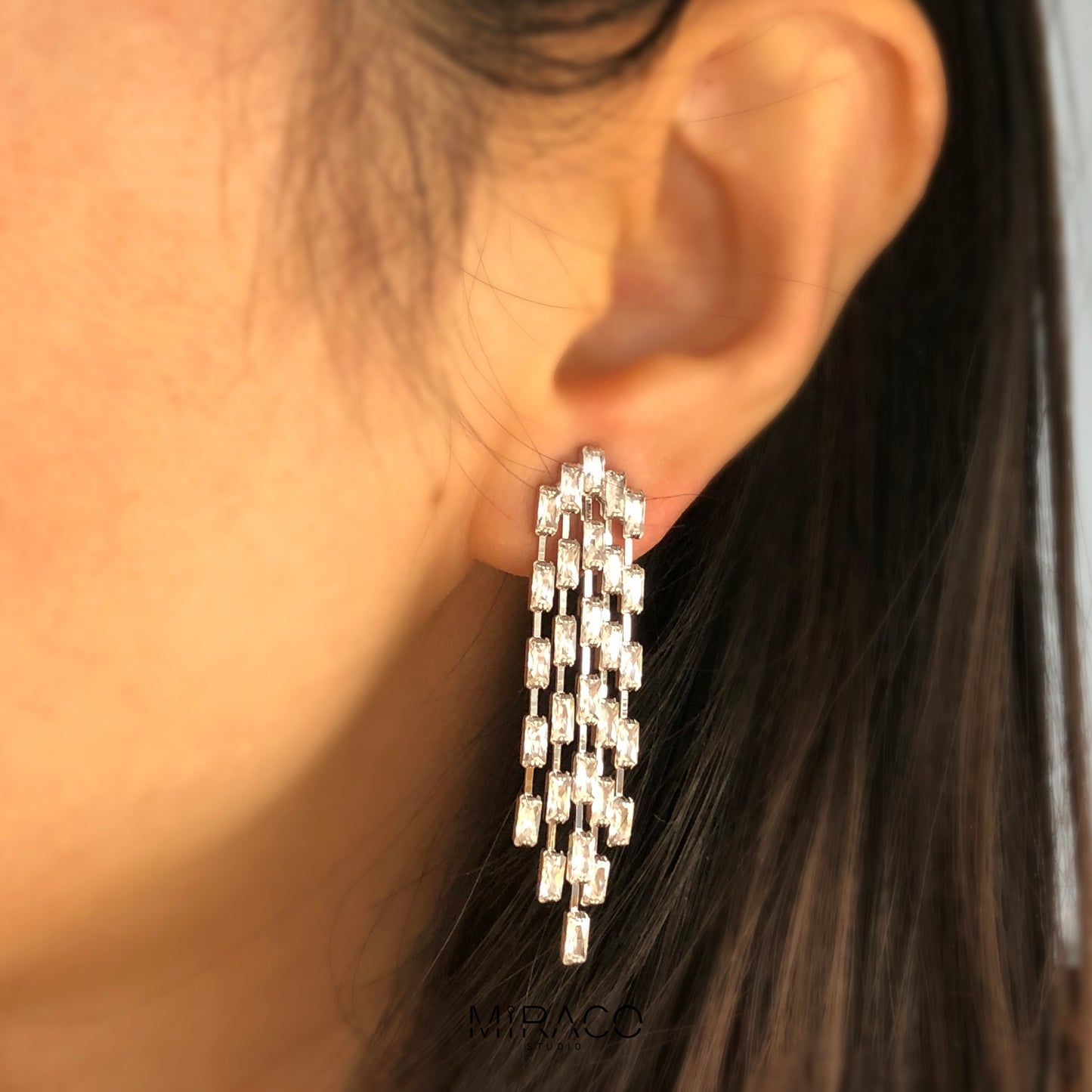 Clip On Diamond Cascade Earrings, Mini-Clip Waterfall Fringe Earrings, Clear Crystal Diamante Dangle Drop Non-Pierced Bridal Wedding Earring