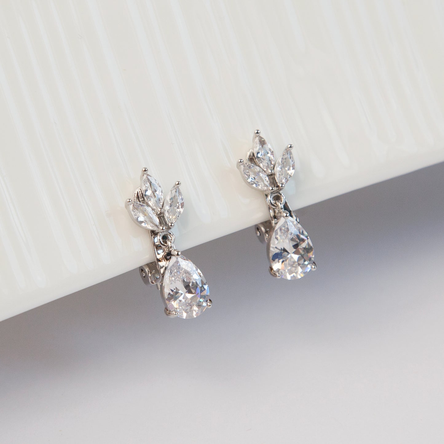 Clip On Diamond Earrings, Crystal Dangle Earrings, Clear Crystal Leaf Dangle and Drop Earrings, Non-Pierced Plant Paddle Back Earrings