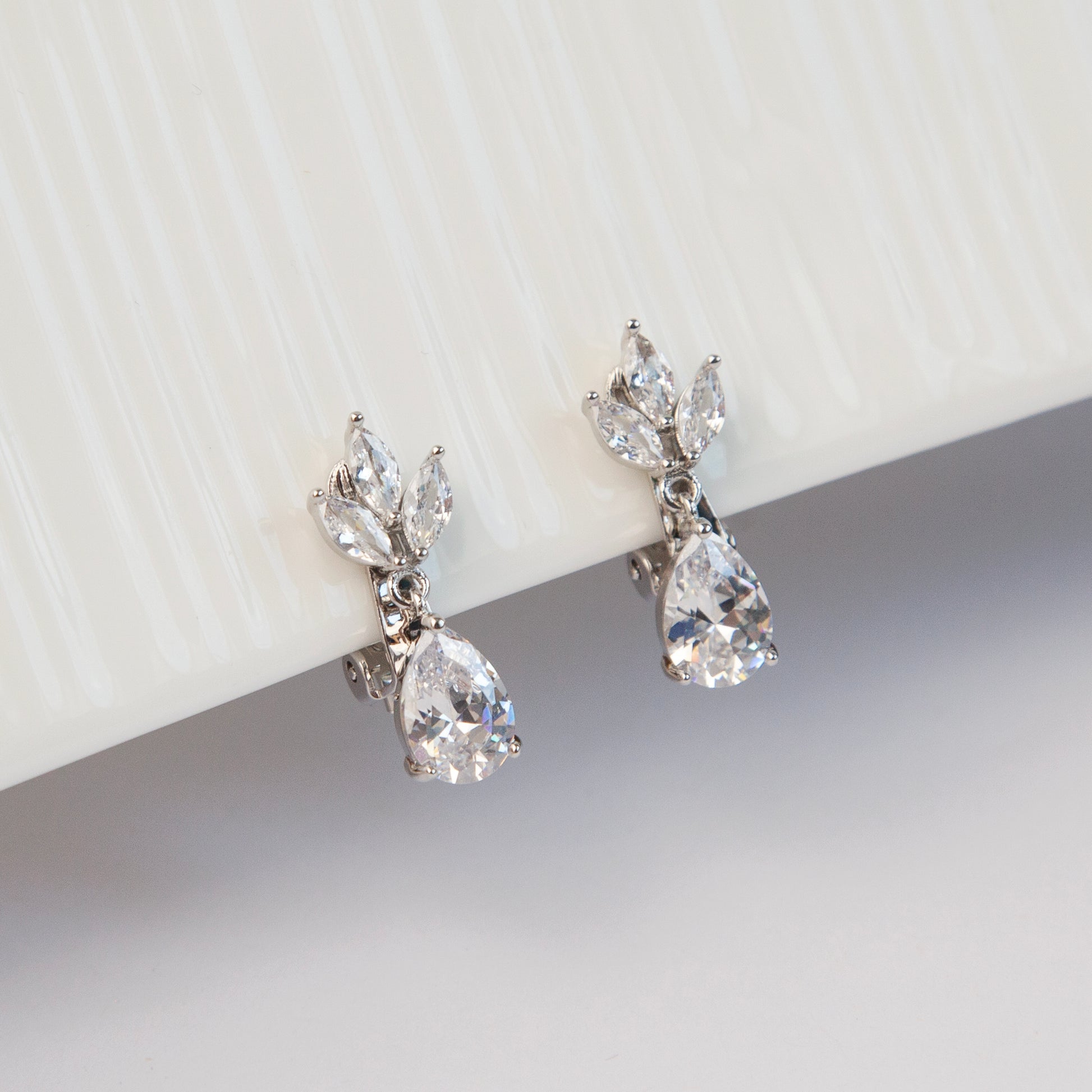 Clip On Diamond Earrings, Crystal Dangle Earrings, Clear Crystal Leaf Dangle and Drop Earrings, Non-Pierced Plant Paddle Back Earrings