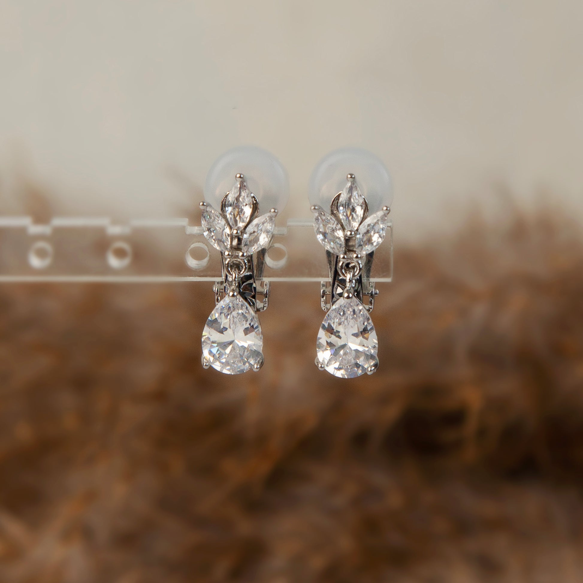 Clip On Diamond Earrings, Crystal Dangle Earrings, Clear Crystal Leaf Dangle and Drop Earrings, Non-Pierced Plant Paddle Back Earrings