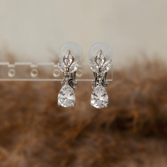 Clip On Diamond Earrings, Crystal Dangle Earrings, Clear Crystal Leaf Dangle and Drop Earrings, Non-Pierced Plant Paddle Back Earrings