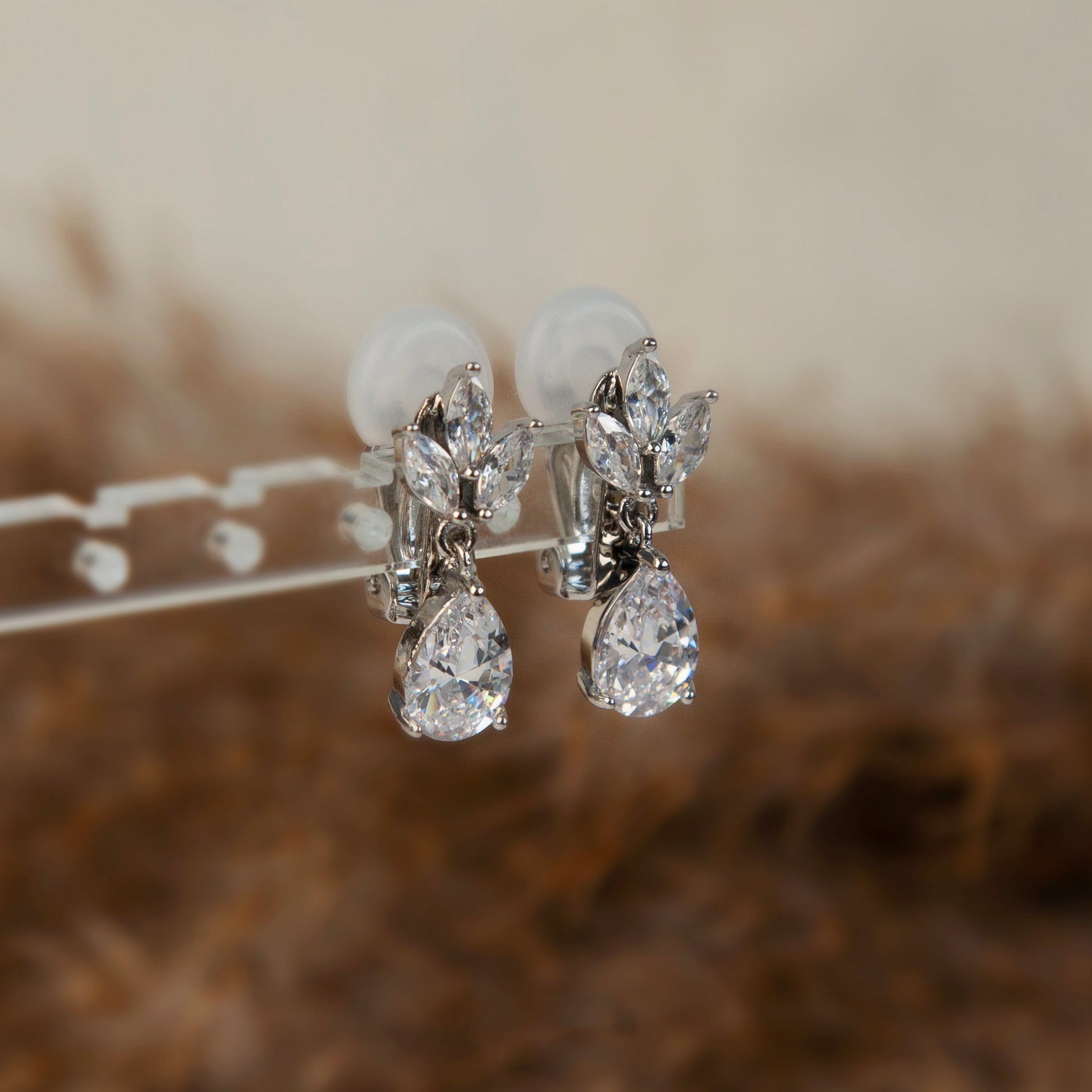 Clip On Diamond Earrings, Crystal Dangle Earrings, Clear Crystal Leaf Dangle and Drop Earrings, Non-Pierced Plant Paddle Back Earrings