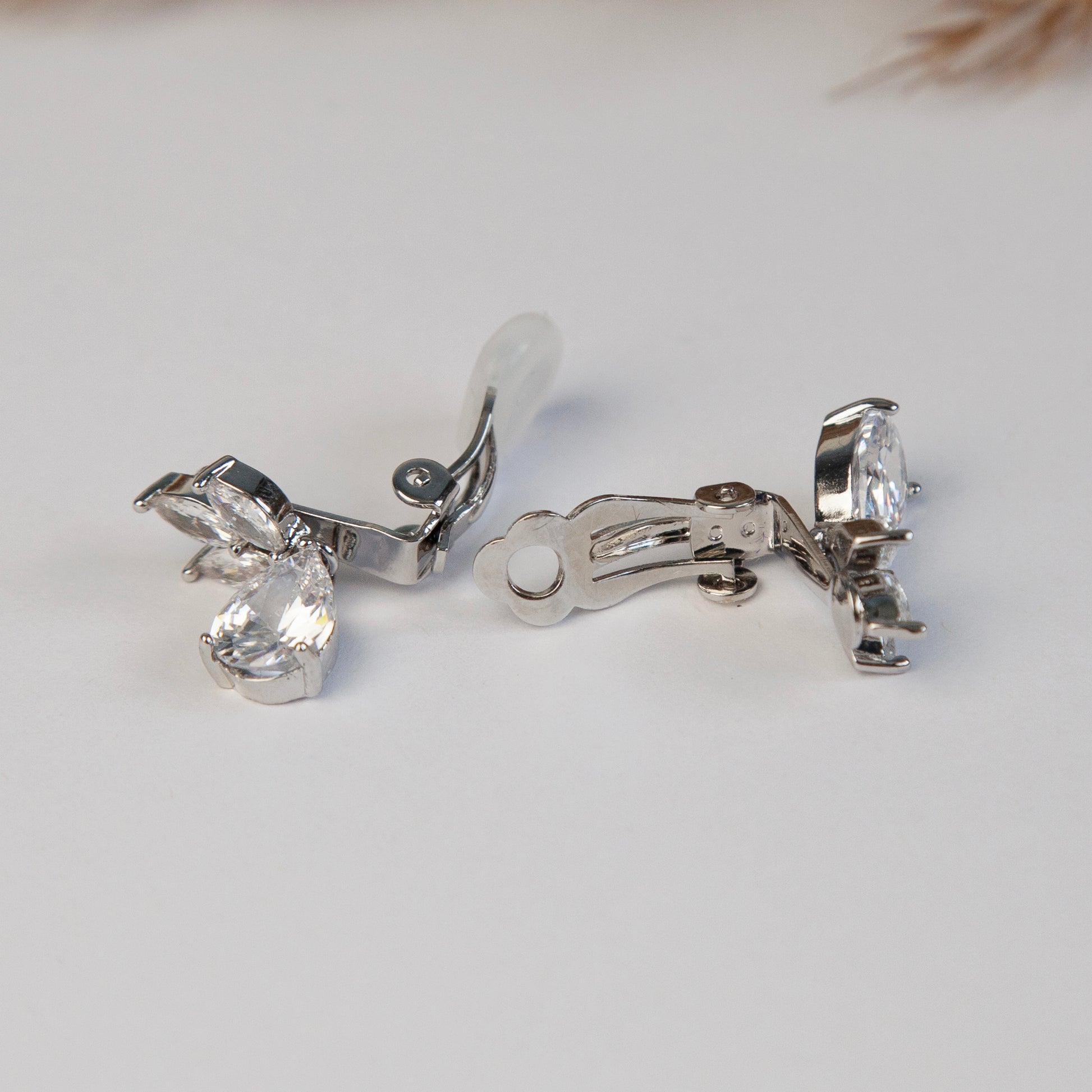Clip On Diamond Earrings, Crystal Dangle Earrings, Clear Crystal Leaf Dangle and Drop Earrings, Non-Pierced Plant Paddle Back Earrings